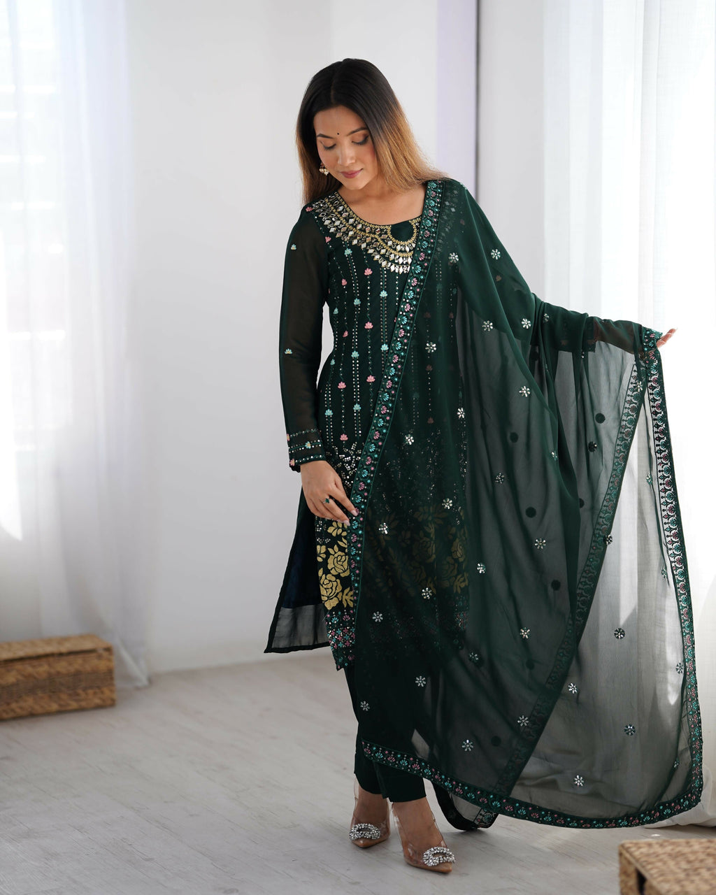 Joban Fashion Dark Green Kurta set with Pant Georgette Thread with Sequins work