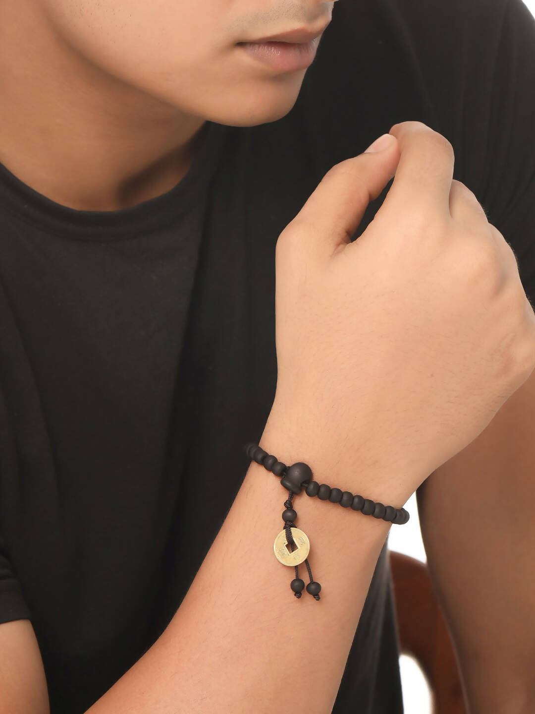 NVR Men's Black Beaded Adjustable Bracelet
