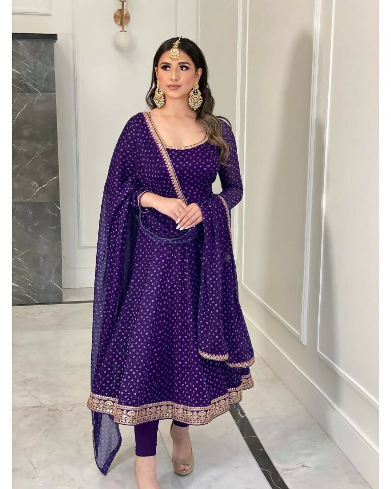Teeya Creation Purple Color Bandhani Print With Embroidery Work Functional Wear Gown