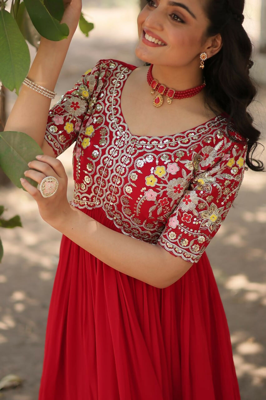 Vastranavya Faux Blooming with Embroidery Zari Sequins-work Gown - Red