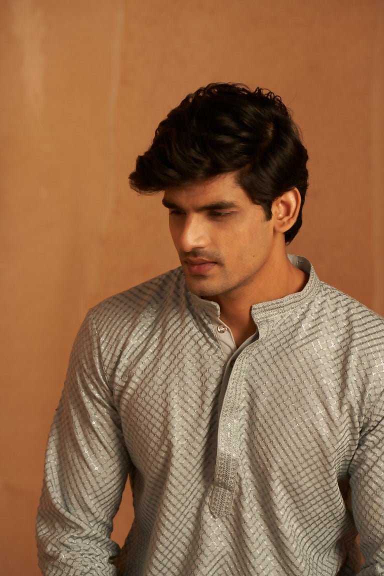 Grey viscose Chikankari Embroidery Work Men's Traditional Kurta Set - Mahotsav