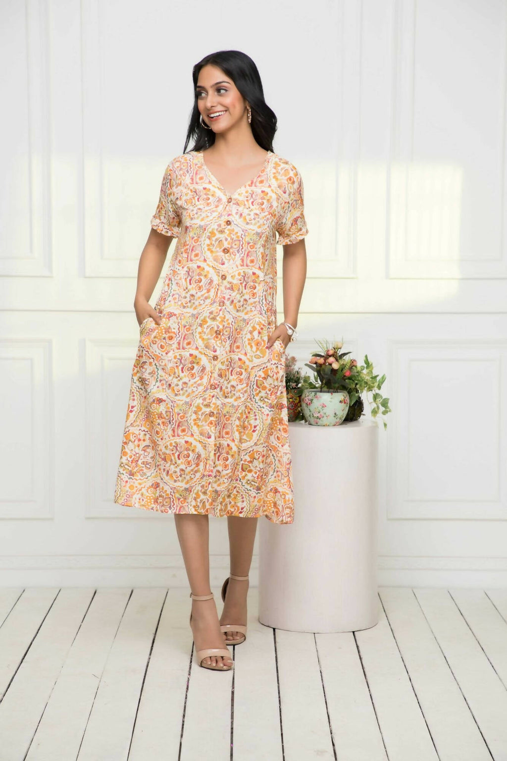 Myshka Women Multi-Abstract Rayon A-Line V-Neck Dress