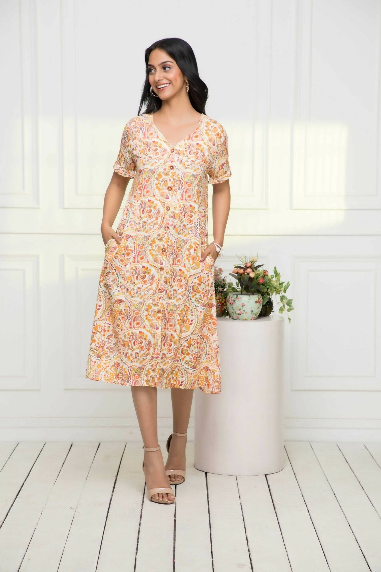 Myshka Women Multi-Abstract Rayon A-Line V-Neck Dress