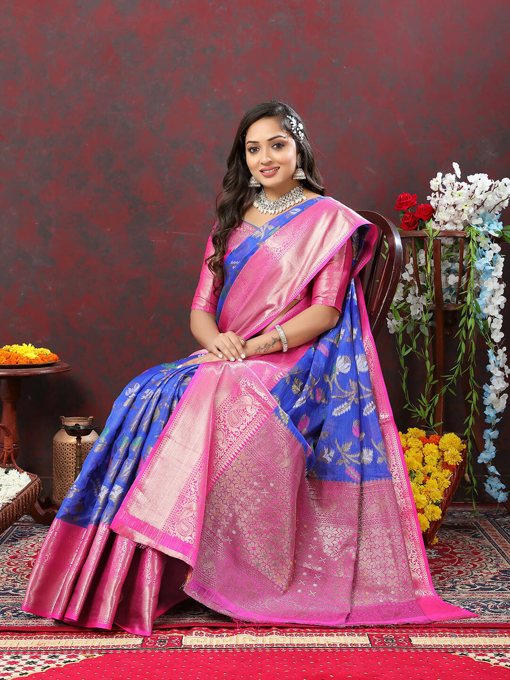 Lorenvalley Fashion Blue Cotton Woven Design Zari Meenakari Weaving Saree