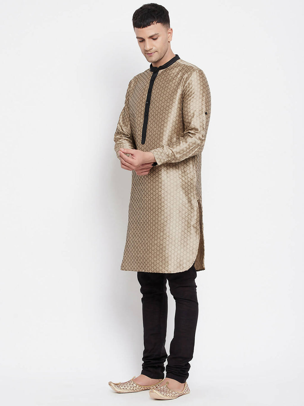 Even Apparels Beige Art Silk Men's Kurta With Contrast Collar And Placket