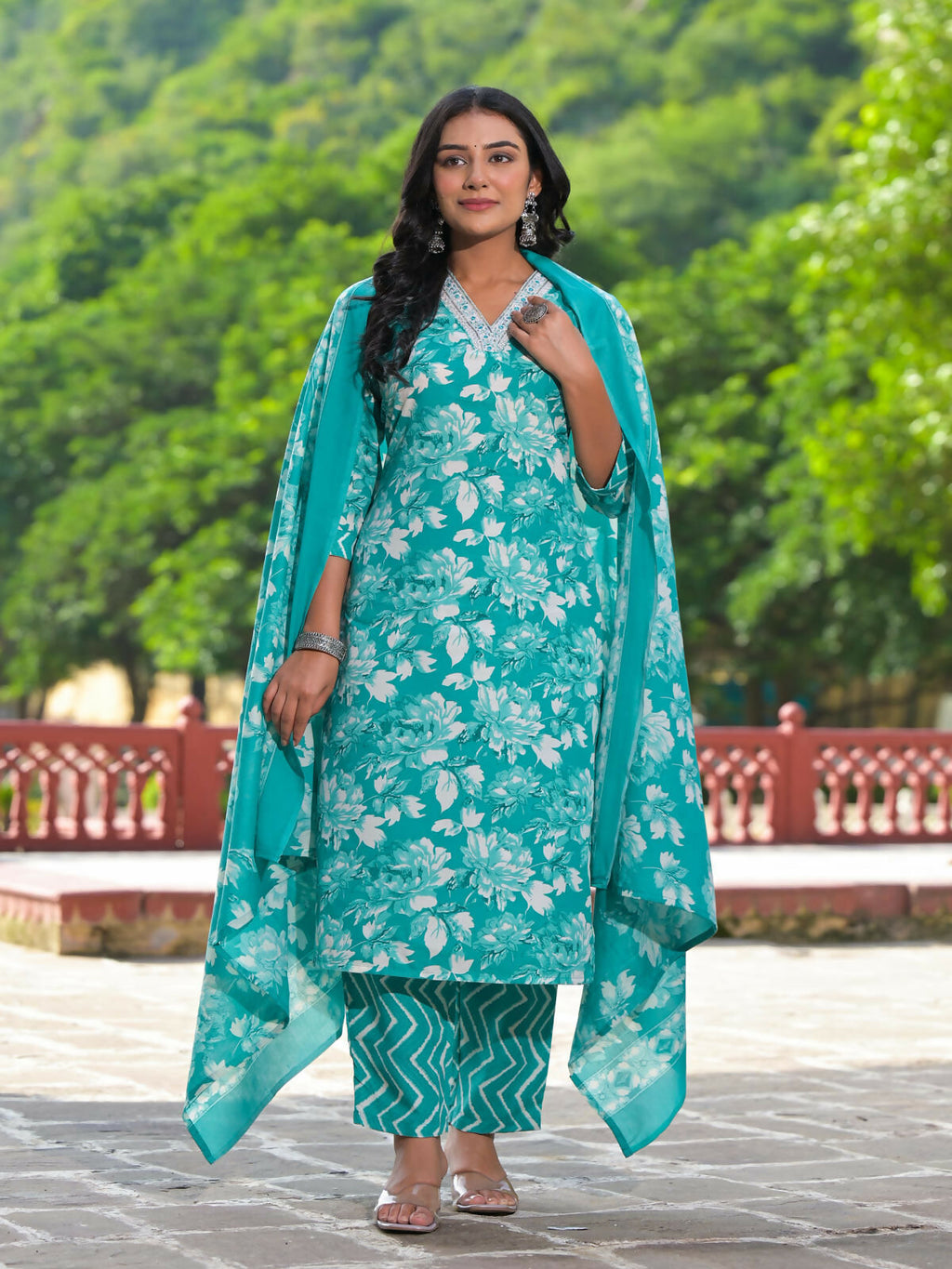 Juniper Women's Rama Green Floral Printed Cotton Kurta Pant With Dupatta Set With Mirror Work & Zari Work
