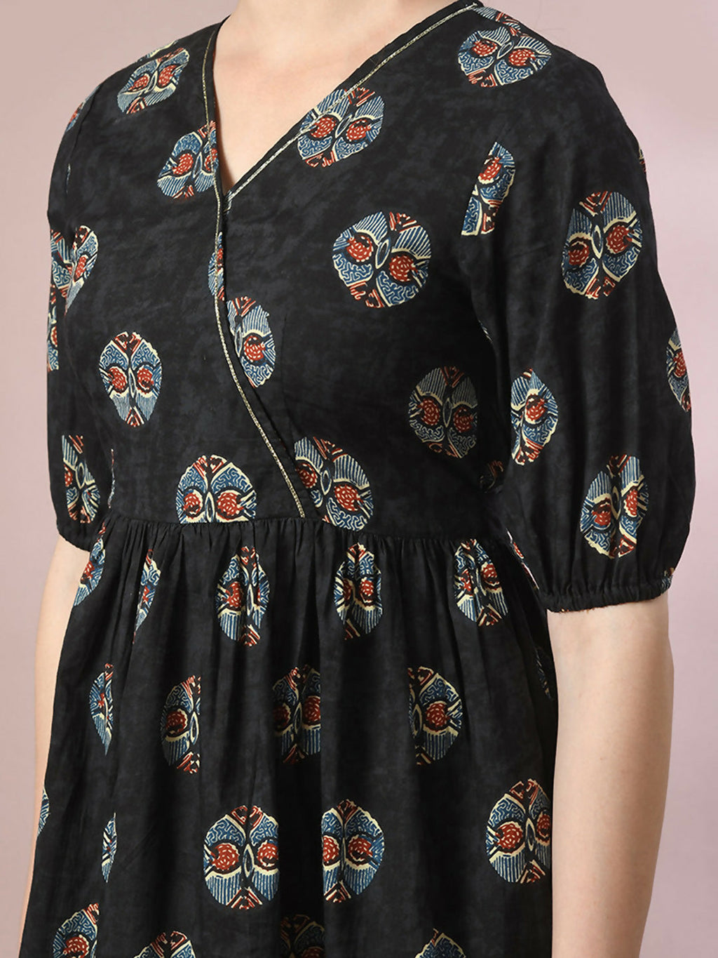 Myshka Women's Black Printed Cotton V-Neck Empire Party Dress
