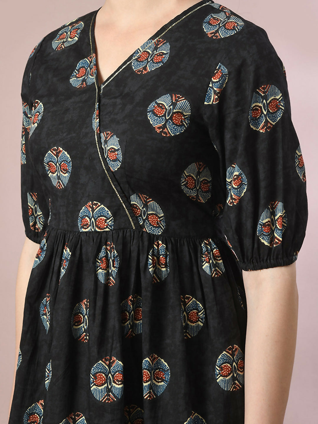 Myshka Women's Black Printed Cotton V-Neck Empire Party Dress