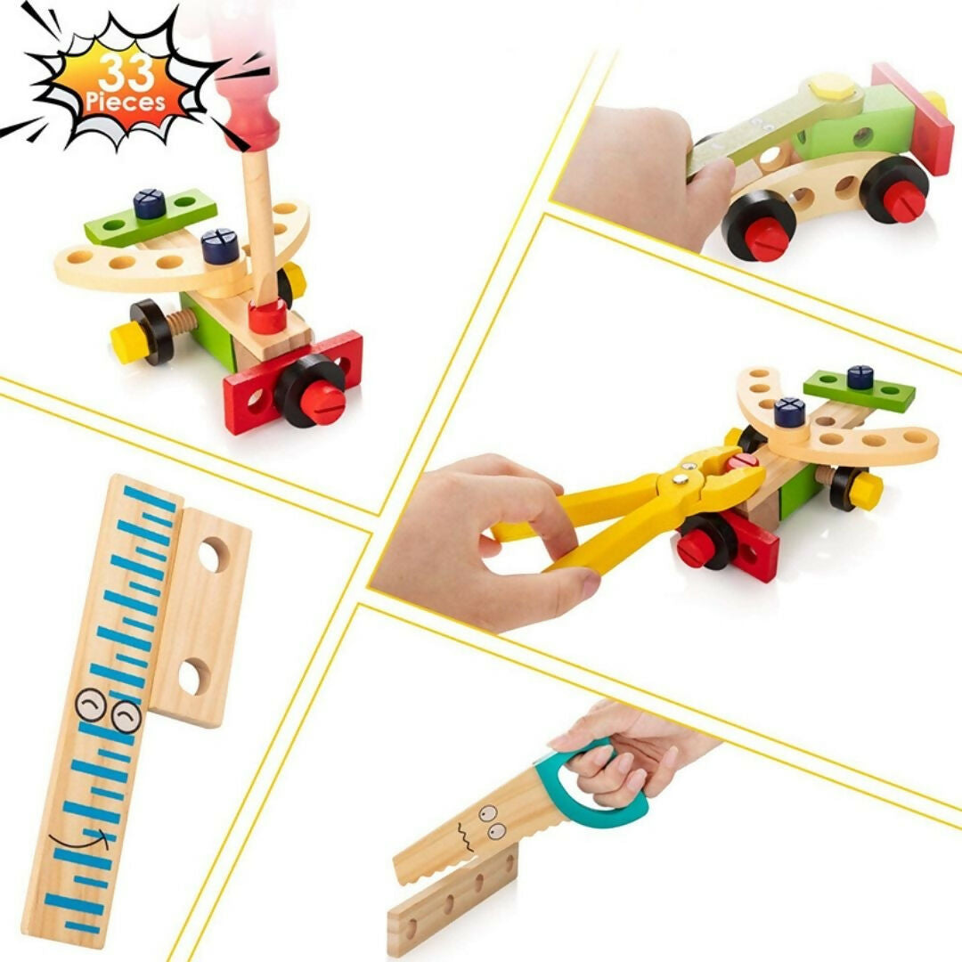 Nesta Toys Wooden Tool Kit Set with Tool Box, Pretend Play Portable Construction Tools Kit Toys for Kids, 36 Piece (3-8 Years)
