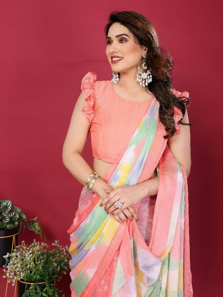 PR Fashion Peach Moss Chiffon Printed Saree