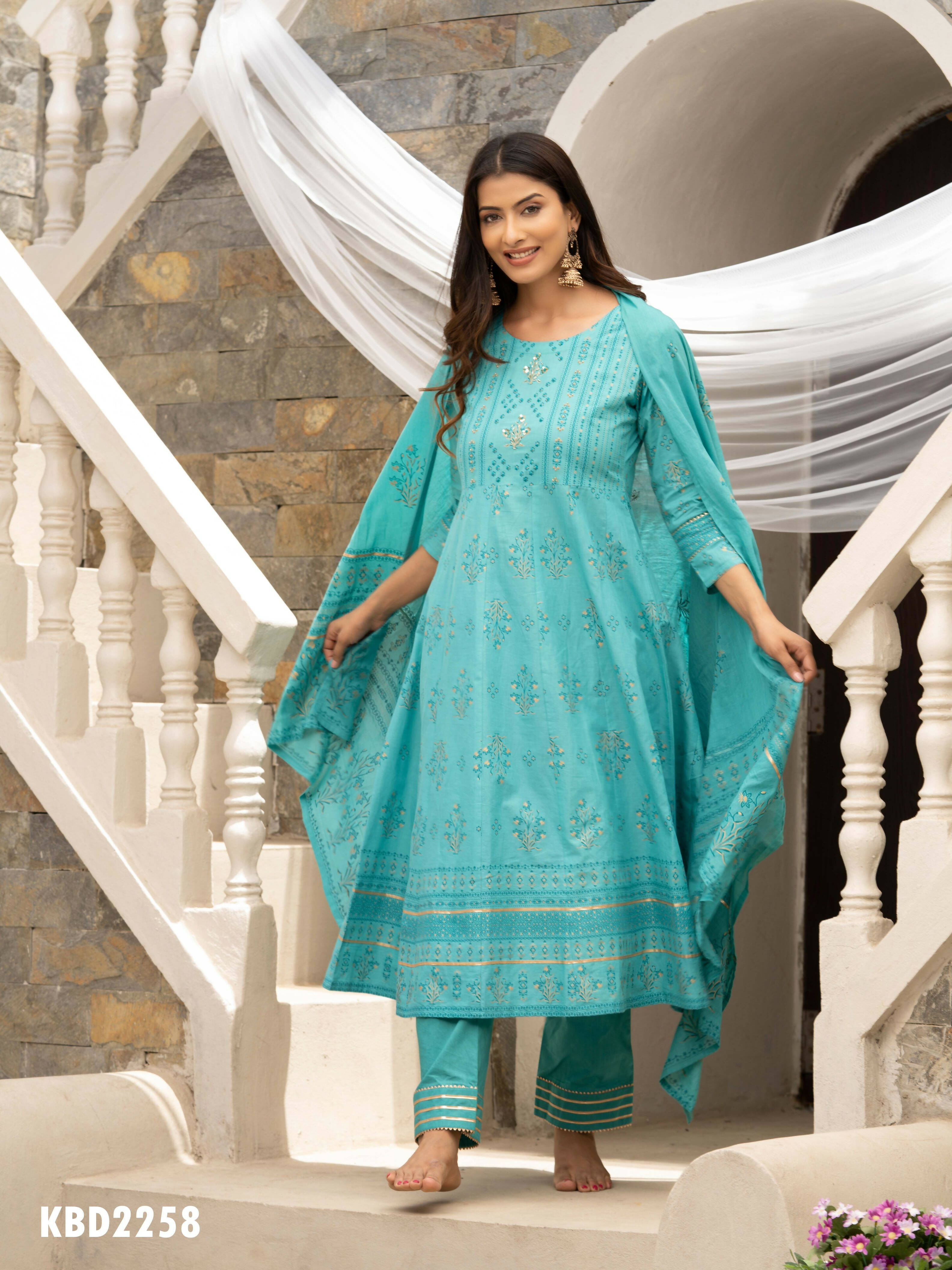 Sky Blue Cotton Cambric Printed with Sequins work Anarkali Kurta with Pant & Dupatta - Akashara