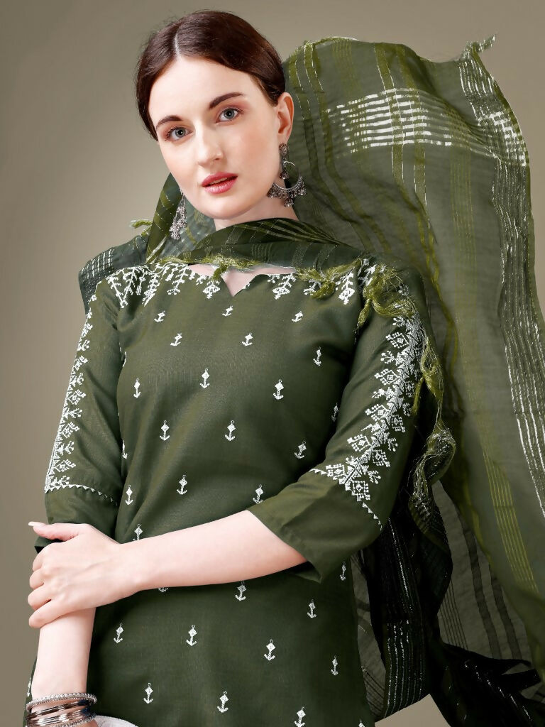 Jyoti Fashion Women's Dark Green Cotton Blend Embroidery & Sequence work Kurta with Trouser & Dupatta