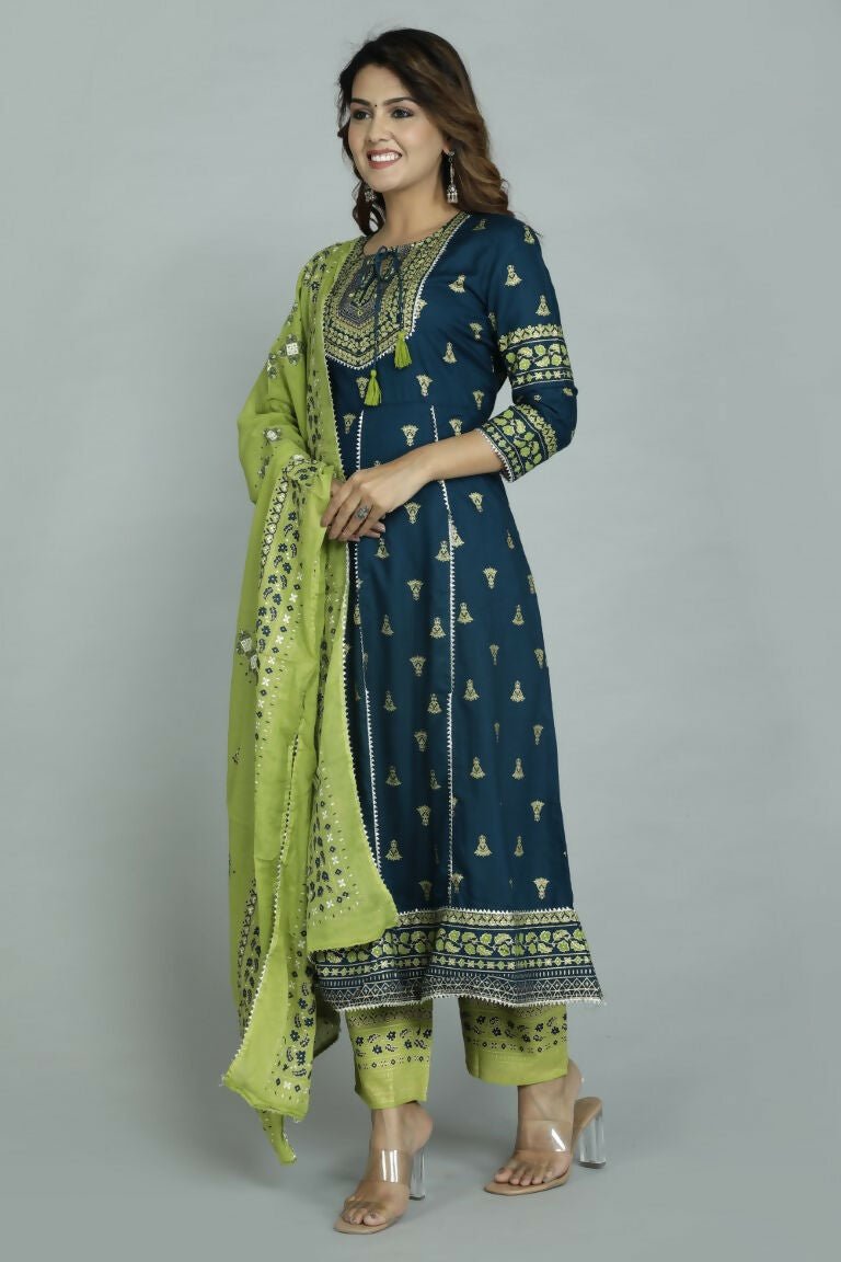 Alvano Women's Stylish Anarkali Kurti with Pant and Dupatta for Women and Girls (Teal)