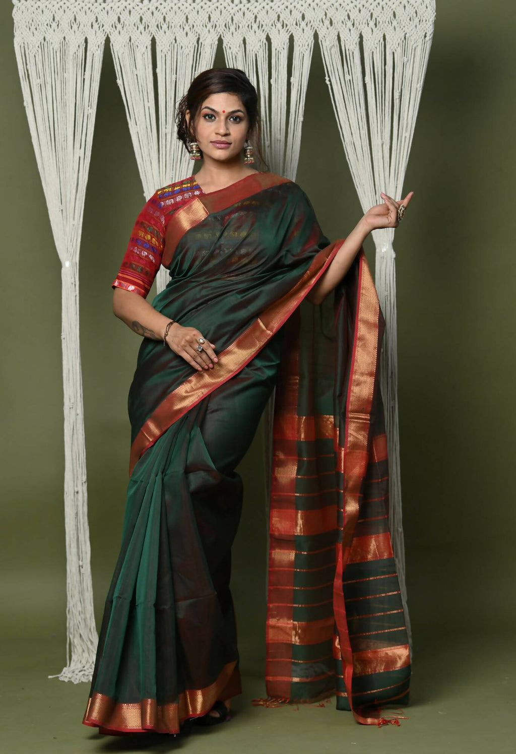 Very Much Indian Handloom Cotton Silk Maheshwari Saree With Sleek Golden Border - Dark Green