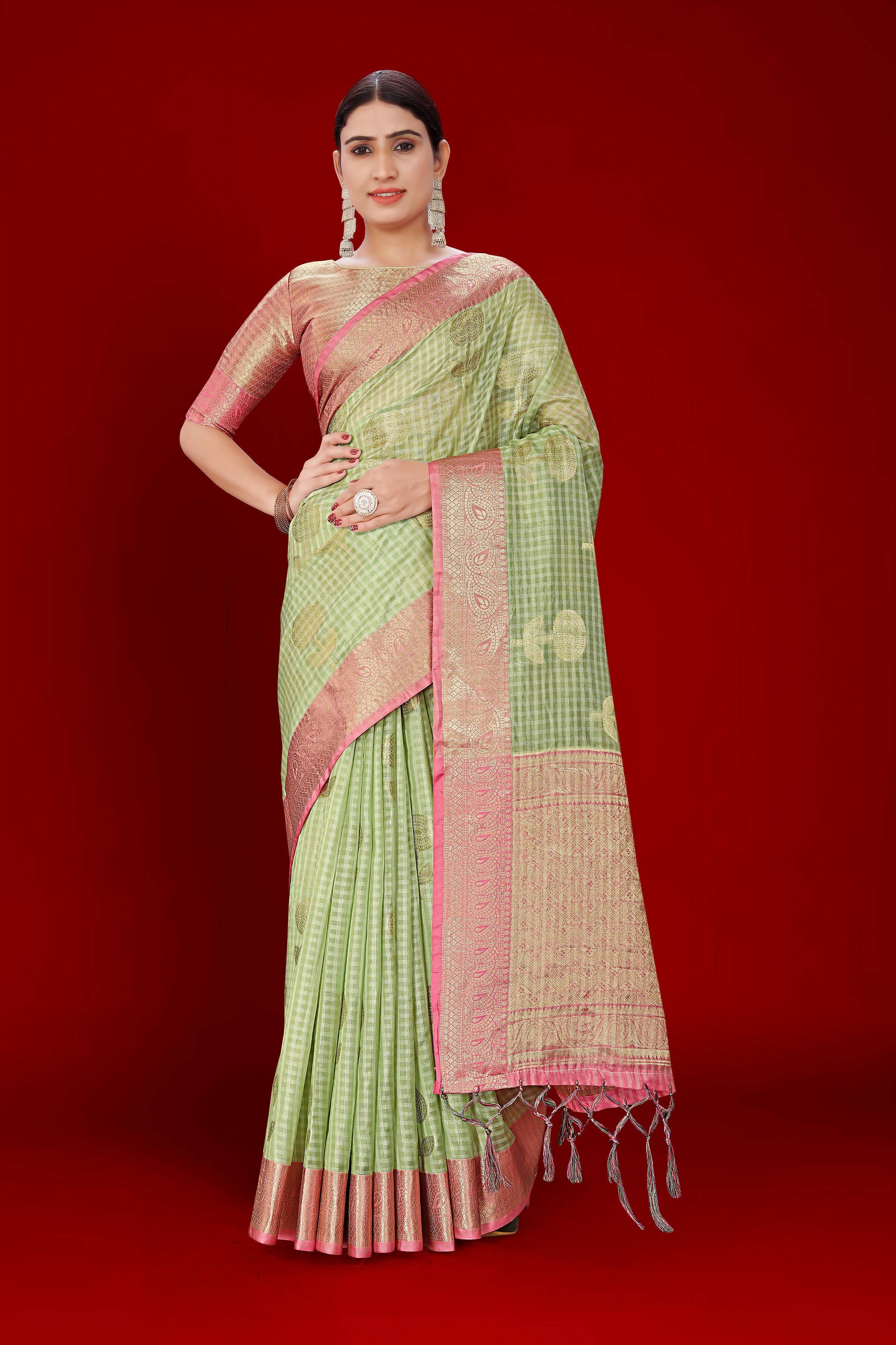 Green Soft Organza Woven Design Saree With Unstitched Blouse Piece - Zaara