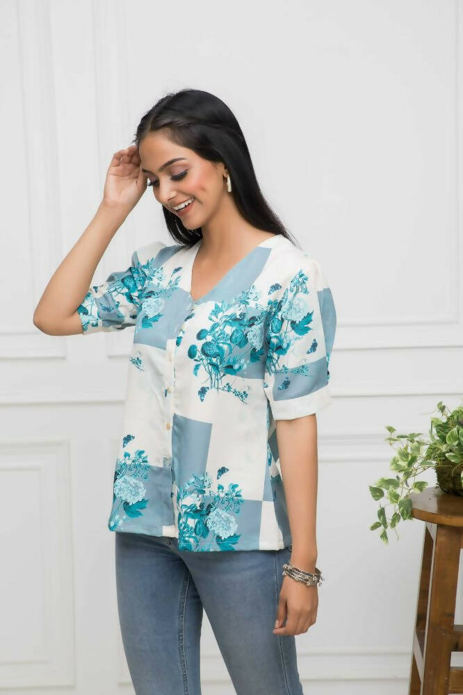 Myshka Women White Floral V-Neck Flutter Sleeves Viscose Rayon Top
