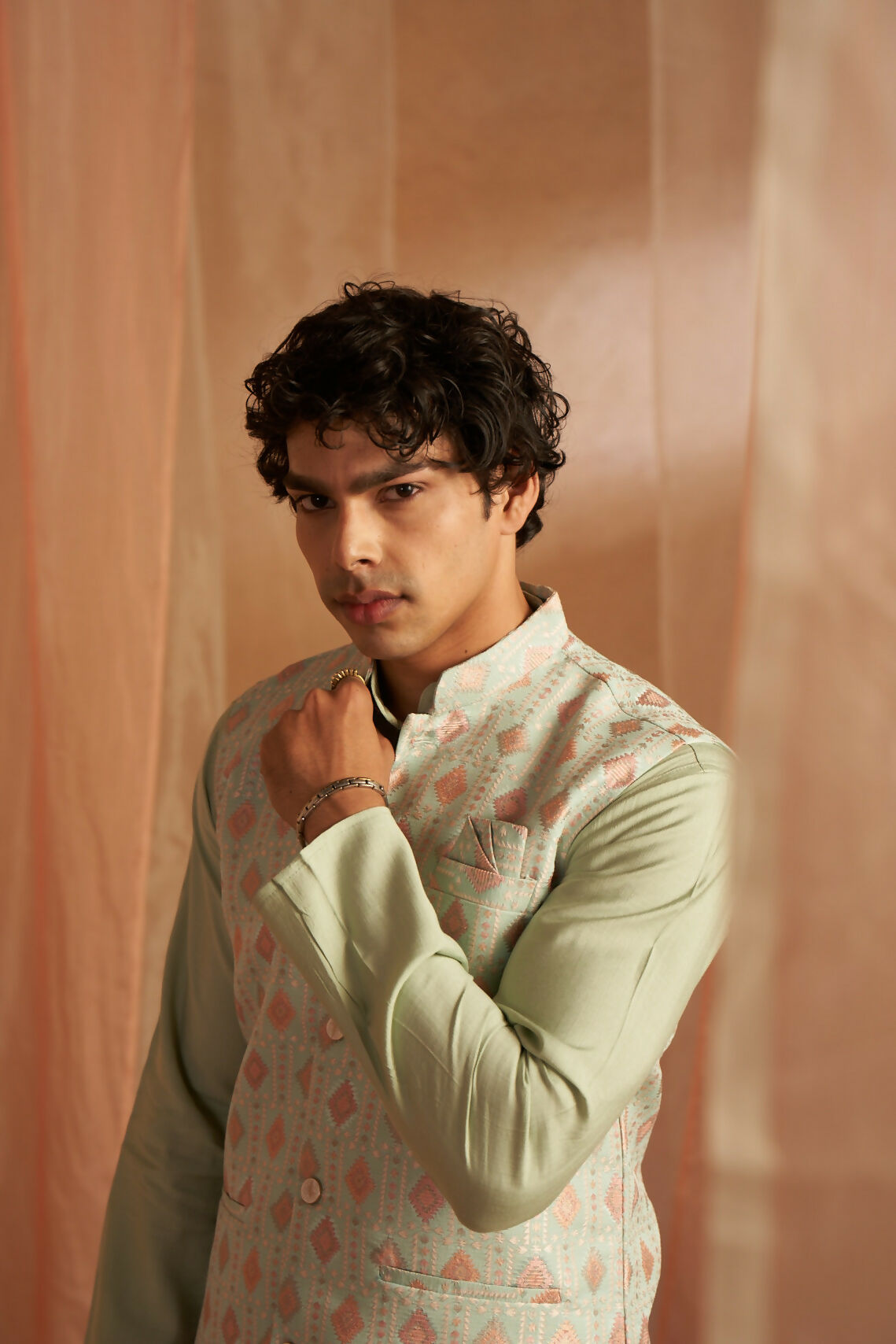 Pista Viscose Designer Printed Men's Kurta Set with Koti - Mahotsav