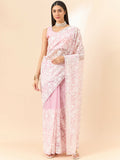 Purple Organza Paisely Embroidered Saree with Unstitched Blouse Piece - Roozal