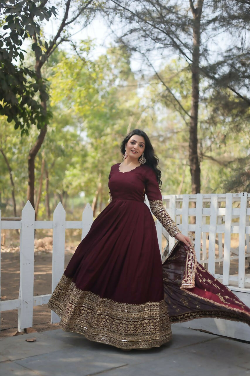 Vastranavya Premium Vichitra Shimmer with Rich Sequins Embroidered work Gown & Dupatta - Dark Maroon