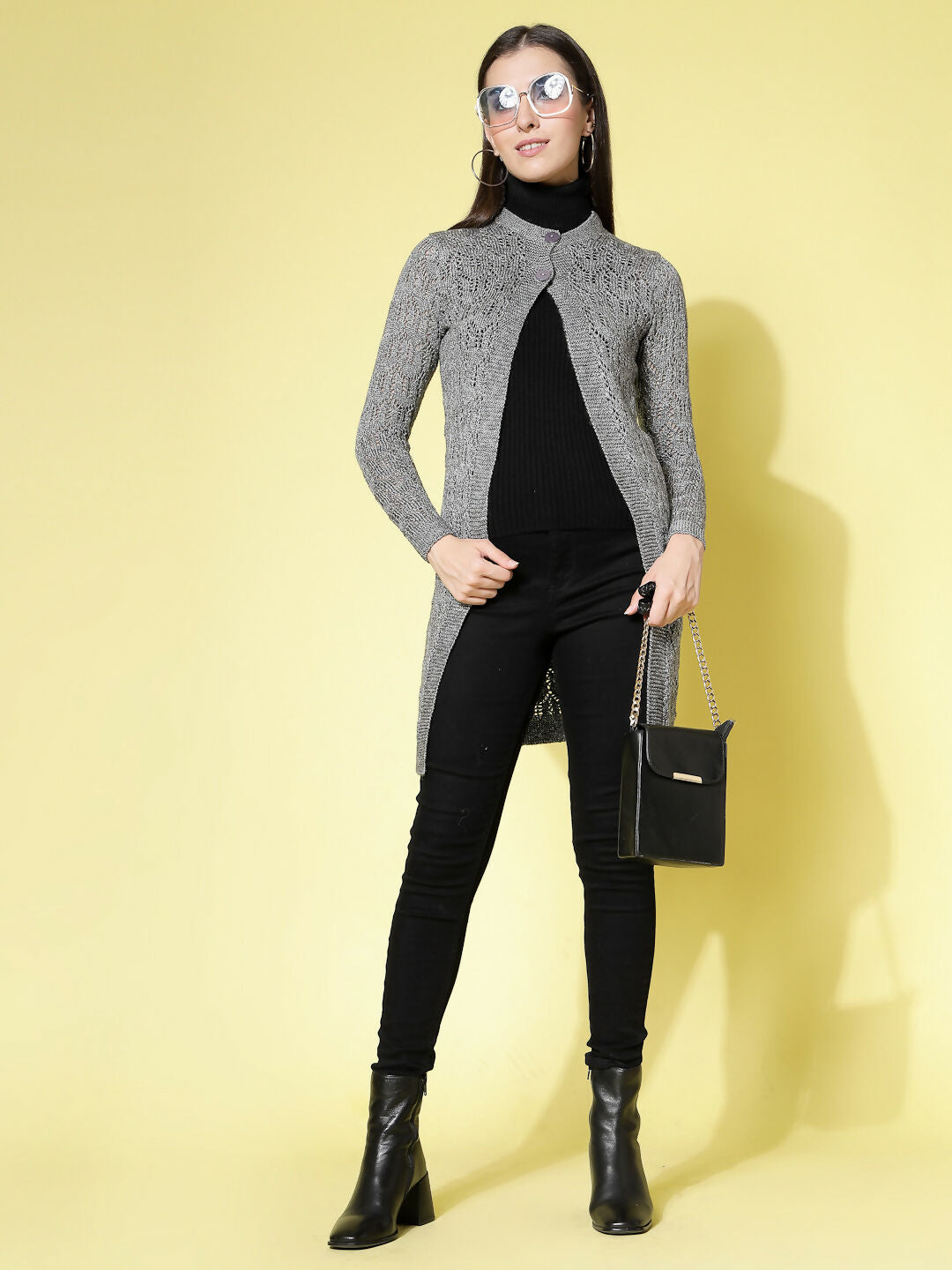 Women Self Design Long Grey Acrylic Winter Shrug - Wool Trees
