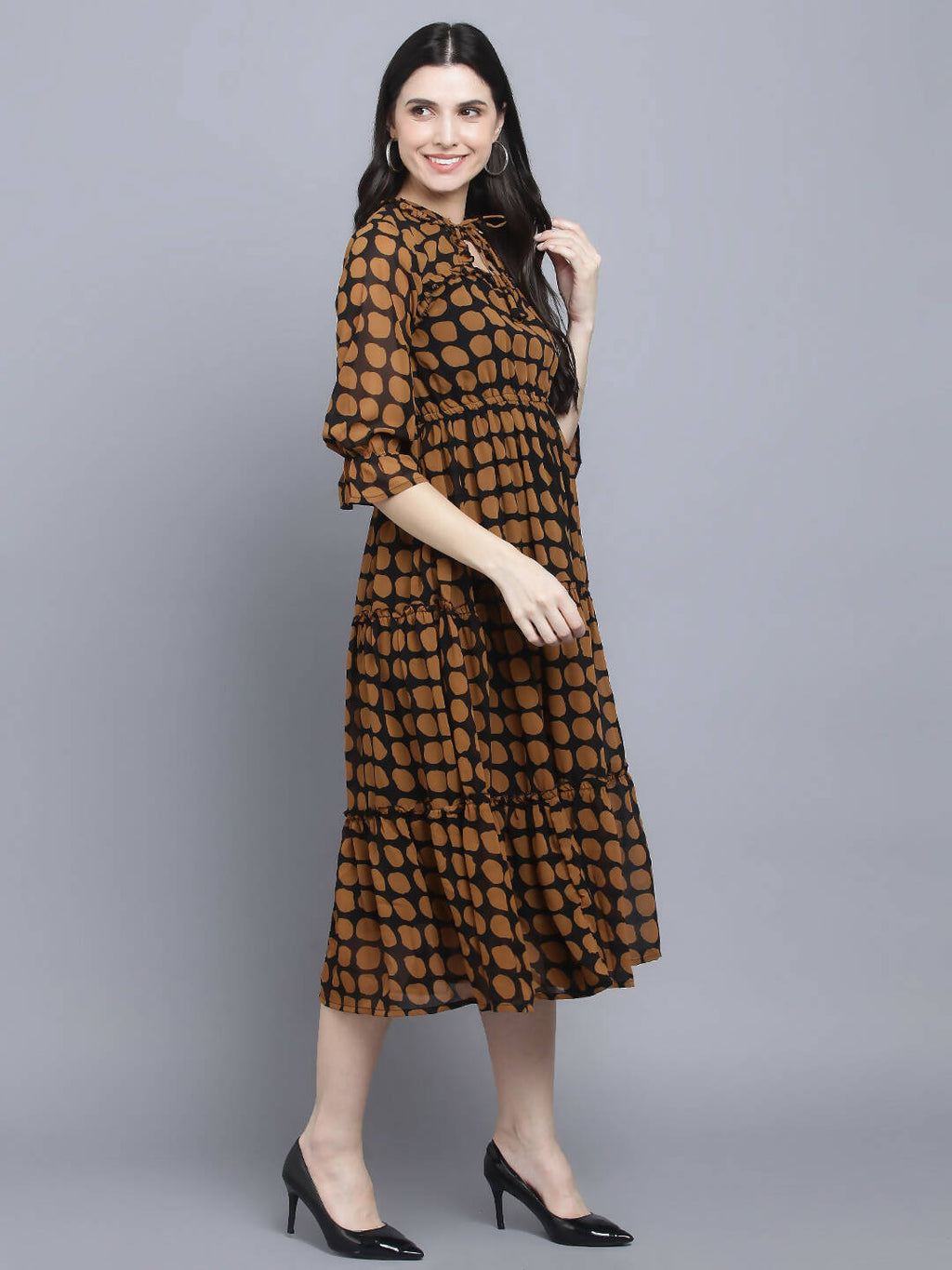 Myshka Women's Multicoloured Keyhole Neck Midi Dress