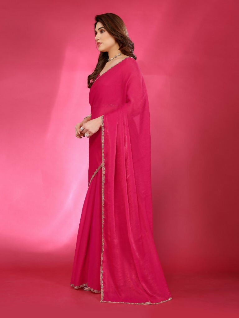 PR Fashion Pink Jimmy Choo Fabric Palin With Work Lace Saree