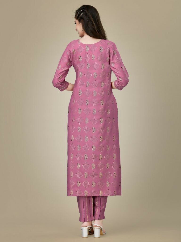 Jyoti Fashion Women's Purple Rayon Embroidered Kurta Pant Set