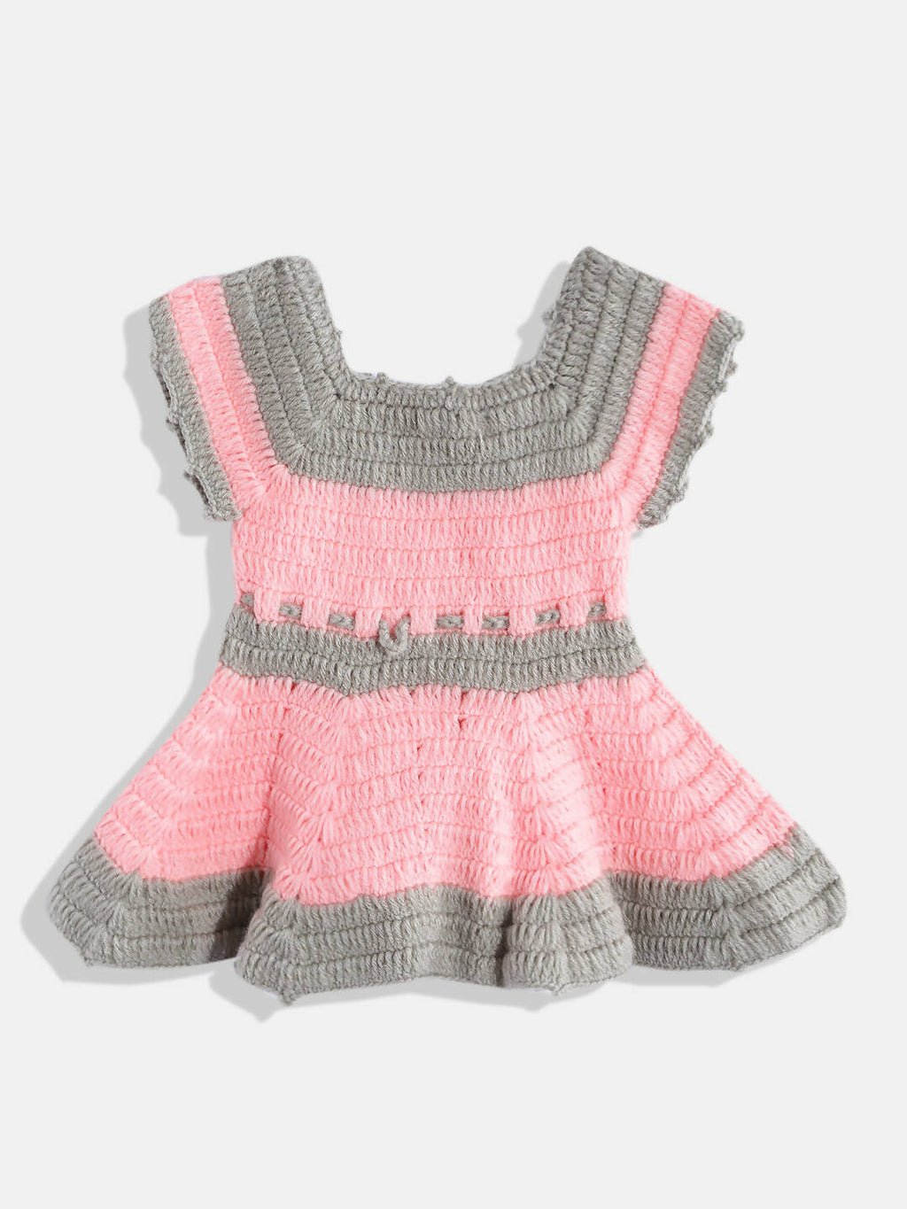 Chutput Kids Woollen Hand Knitted Short Sleeves Flower Detail Dress For Baby Girls - Pink