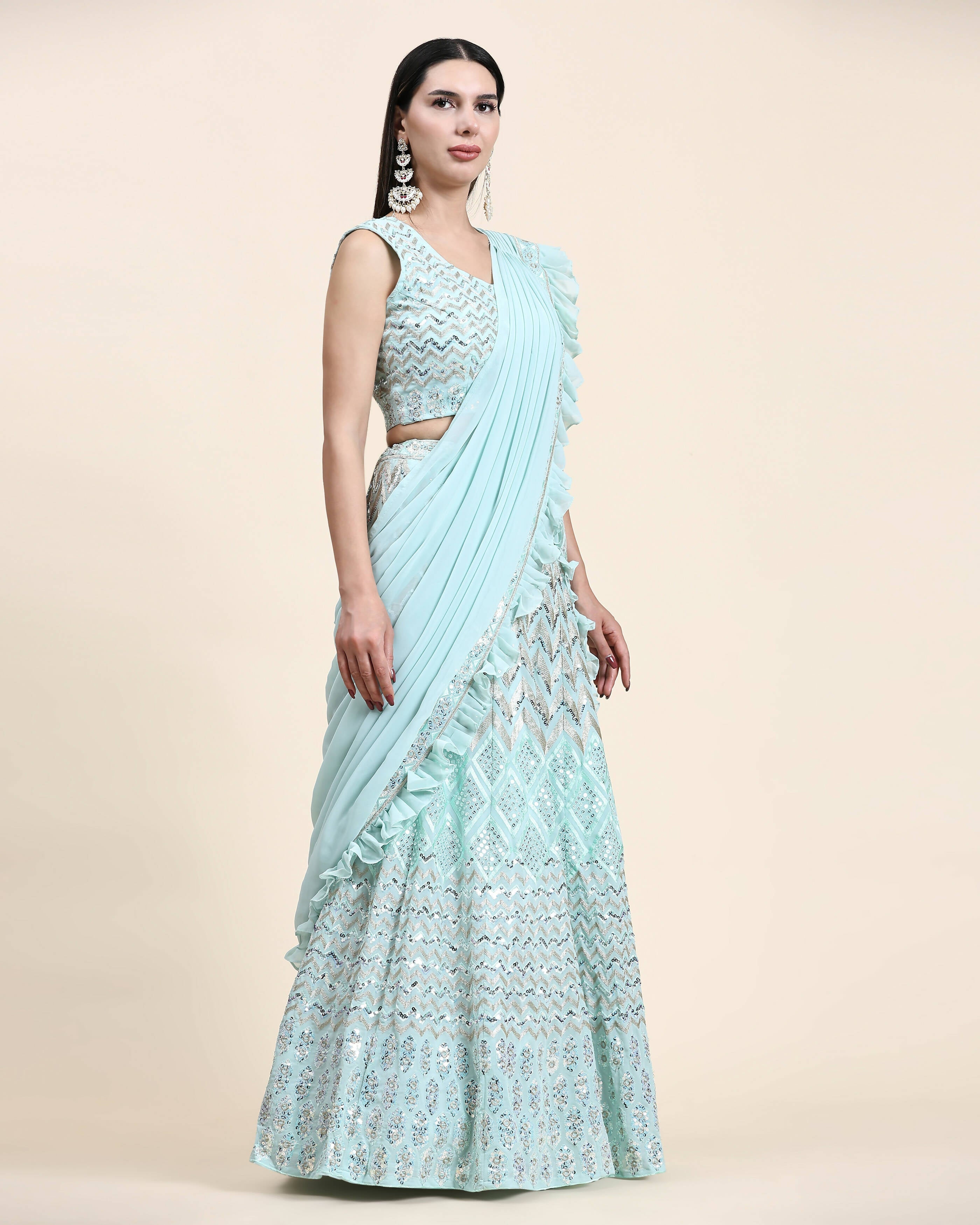 Sky Blue Pure Viscose Georgette Thread With Sequins Embroidery Work Lehenga Choli With Dupatta - Tanya