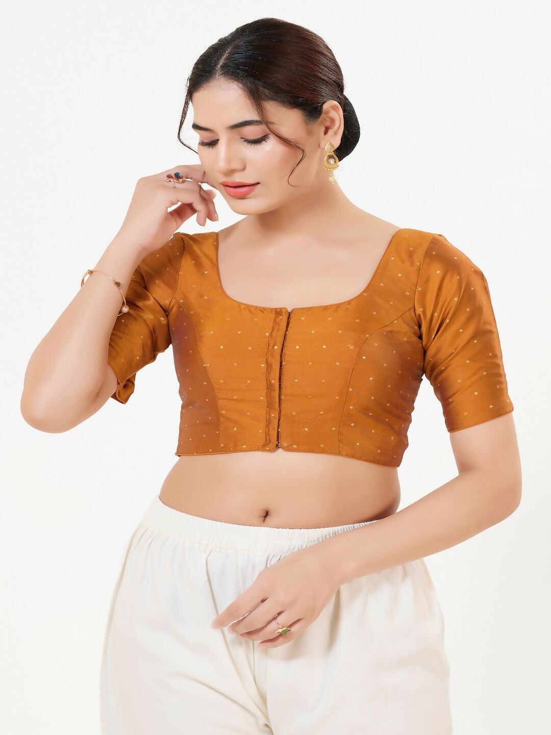 Joban Fashion Mustard Taffeta Silk Elbow Sleeveless Front Open Blouse