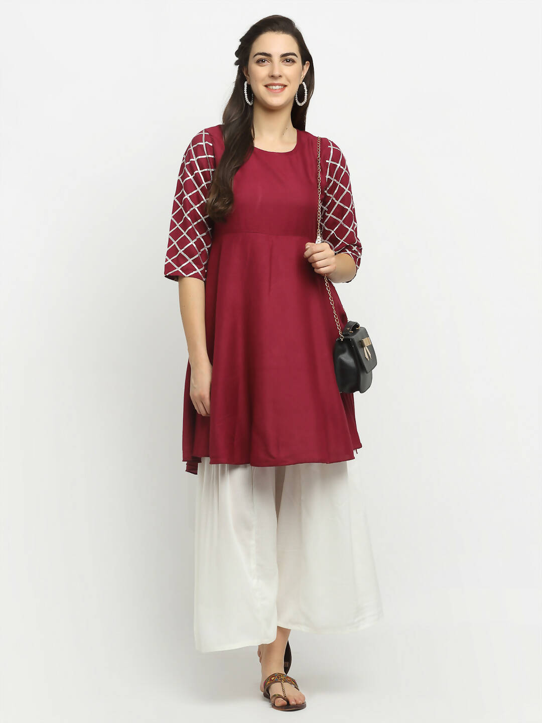 Rudra Bazaar Wine Lace Work Flared Kurti with Sharara