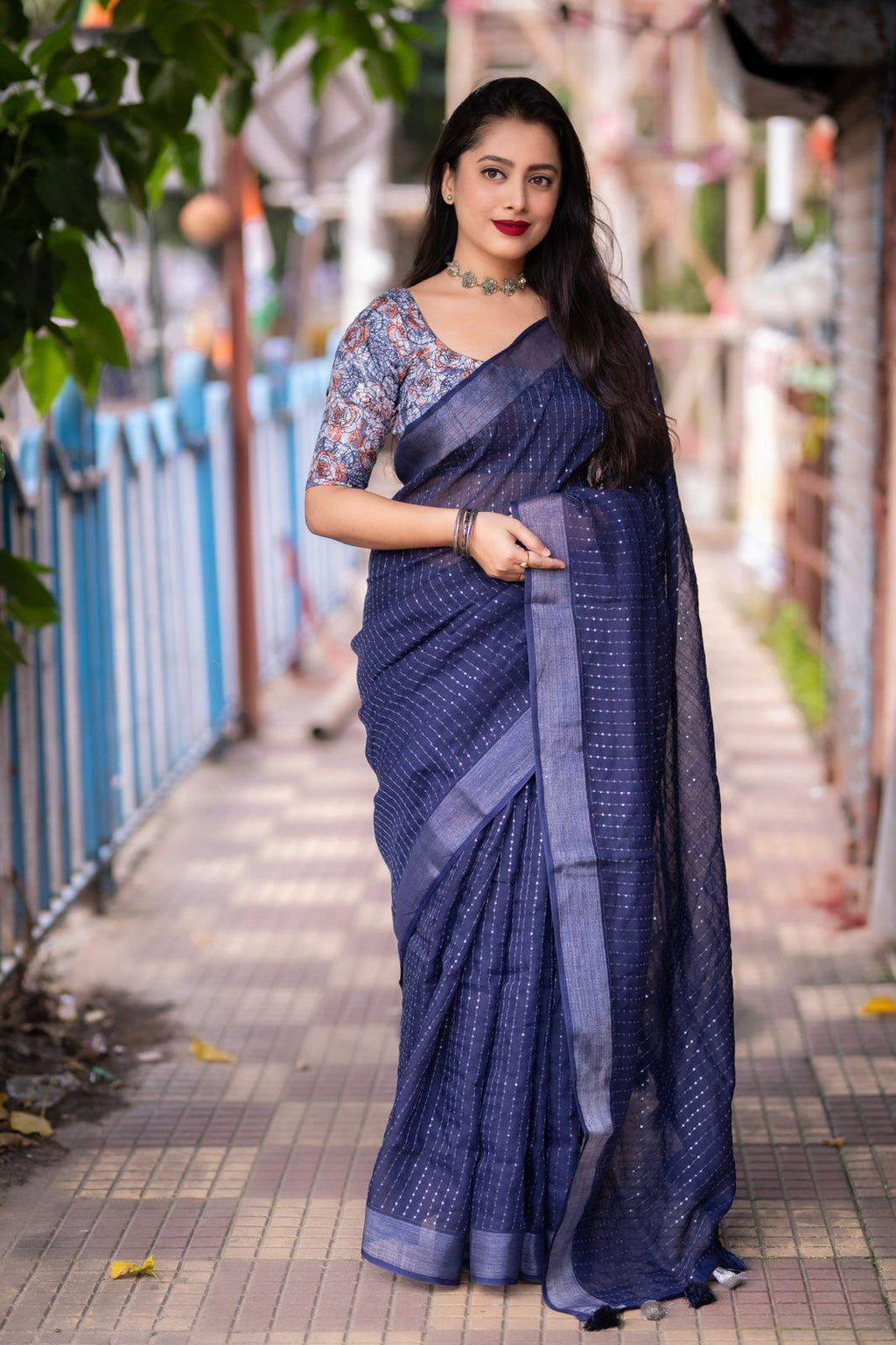 Blue Linen Sequence Saree with Unstitched Blouse - Hiral Fashion