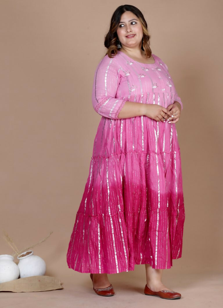 Miravan Women's Plus Size Cotton Embroidery And Lace Work Pink Party Wear Anarkali Kurta