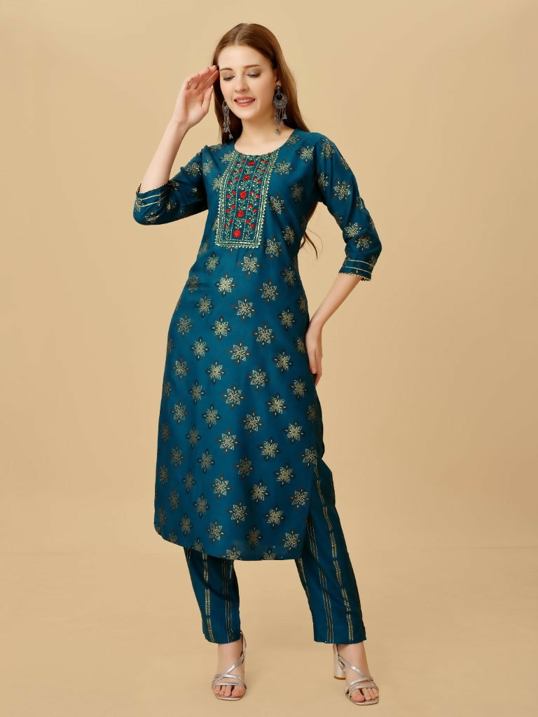 Jyoti Fashion Women's Navy Blue Viscose Rayon Embroidered Kurta Pant Set