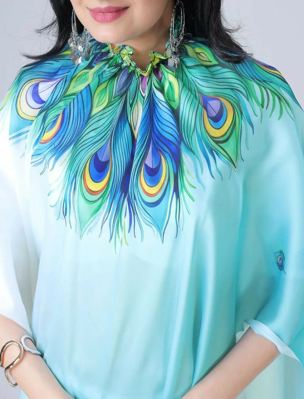 Vastranavya Sky Blue & White Ready to Wear Peacock Print Free Hand Saree
