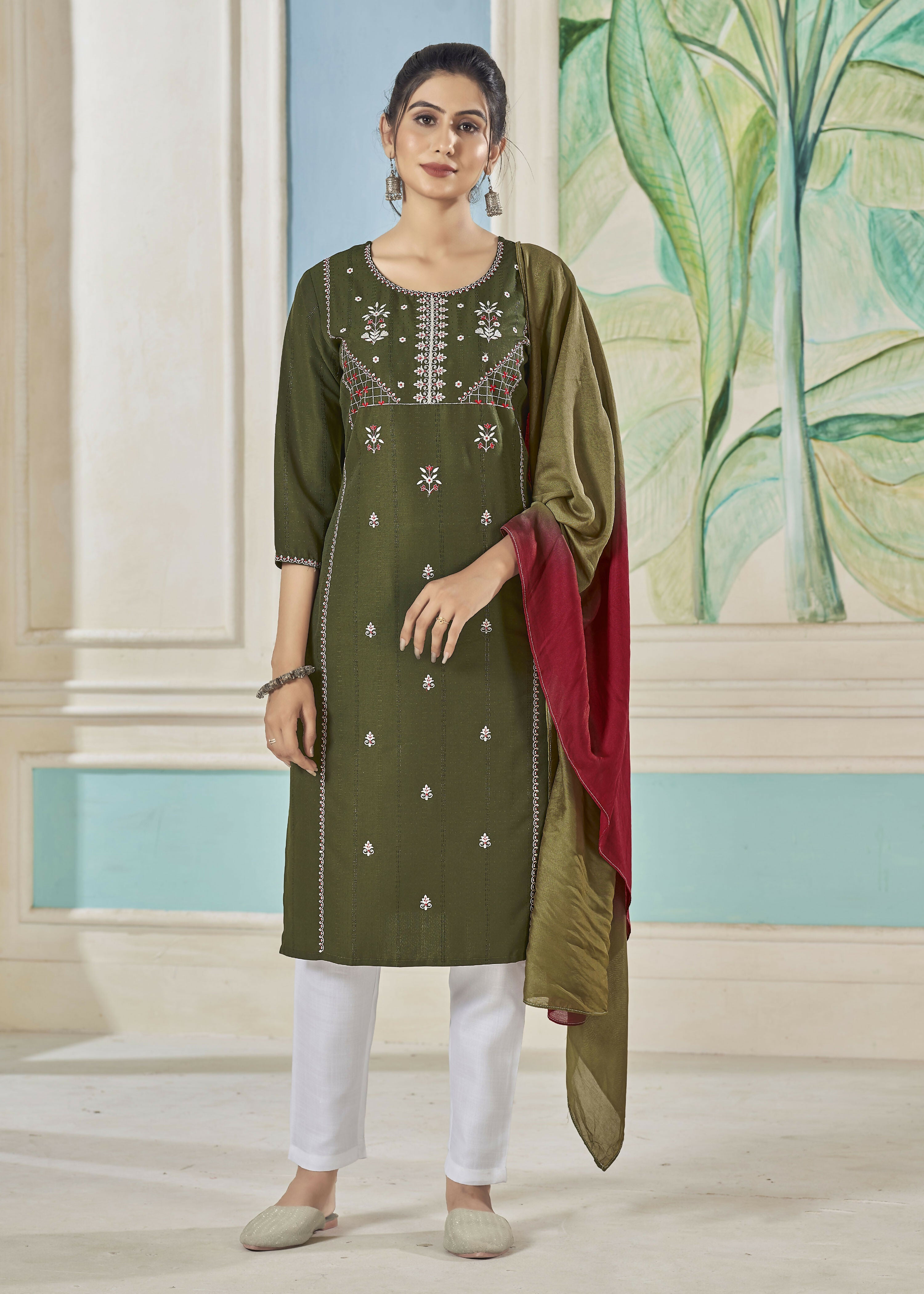 Jyoti Fashion Women's Mehendi Pure Viscose Weaving Stripe with Embroidery Kurta Set
