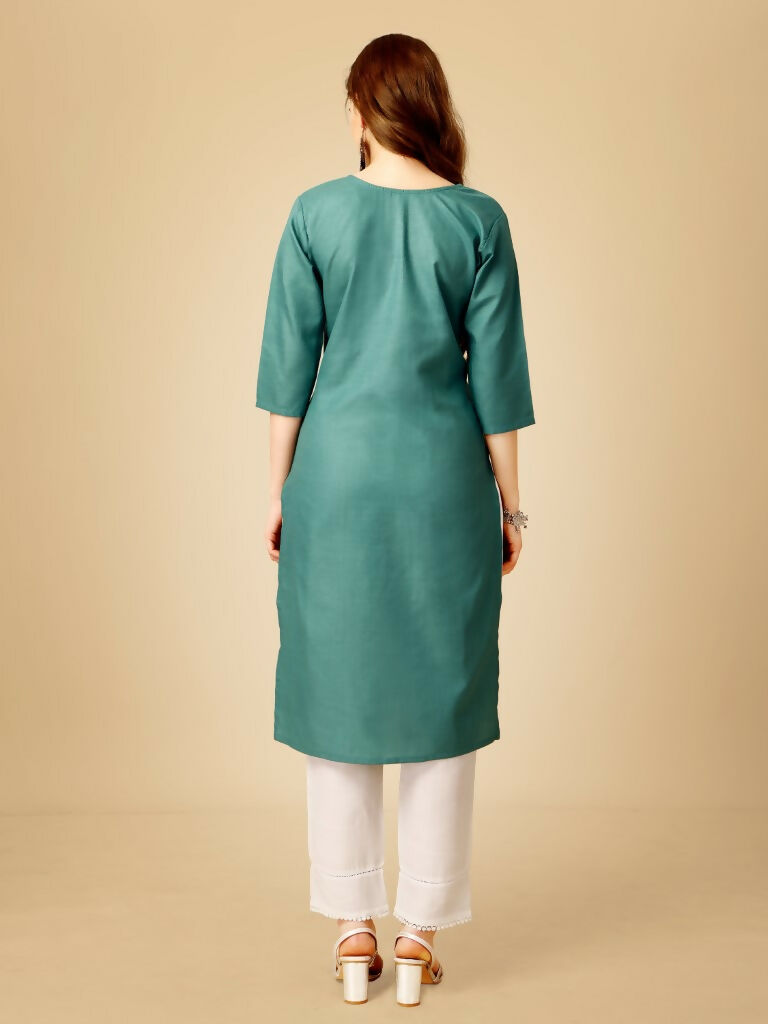 Jyoti Fashion Women's Teal Cotton Blend Embroidered Kurta Pant Set