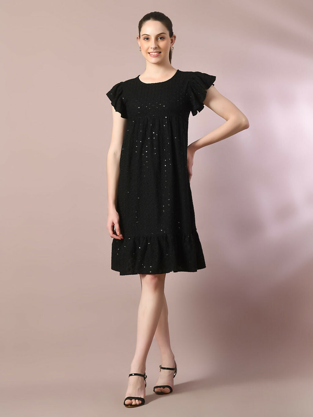 Myshka Women's Black Embroidered Cotton Round Neck A-Line Party Dress