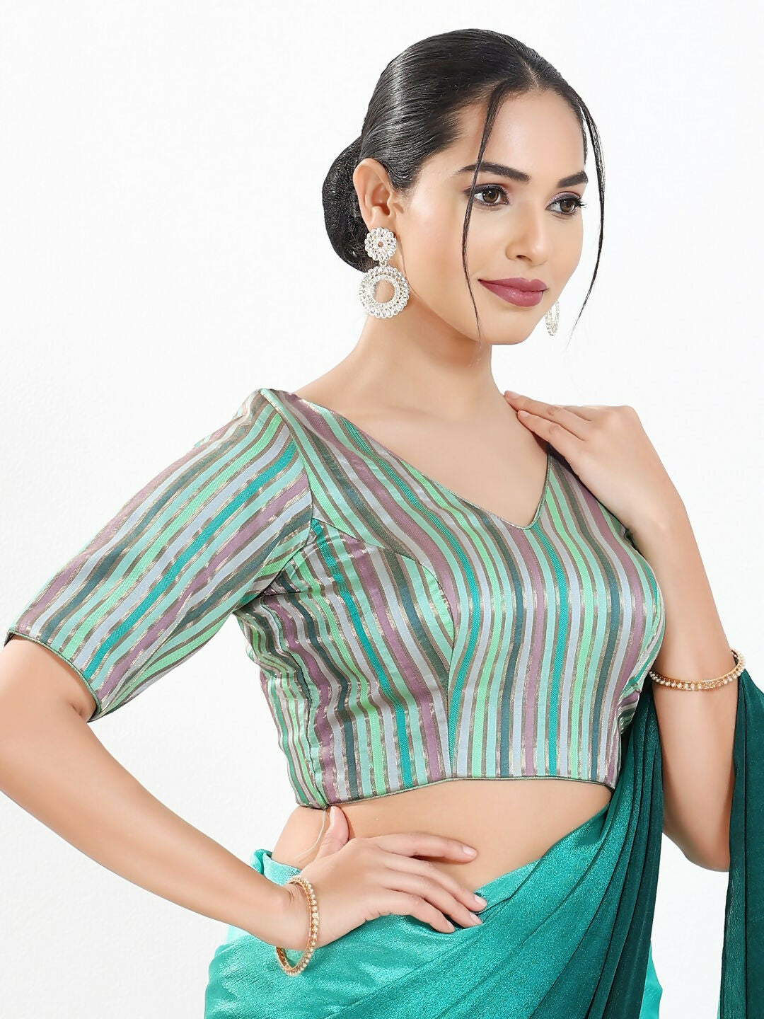Joban Fashion Pista Multi Brocade Padded Blouse With V Neck Elbow Sleeves