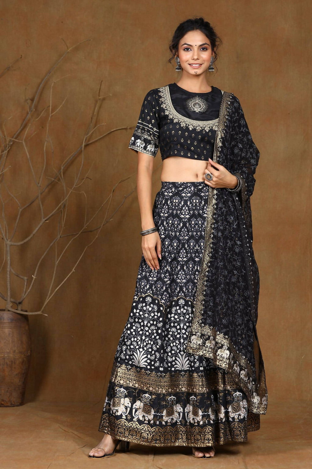 Juniper Women Black Shantoon Embroidered Flared Lehenga Choli Sets