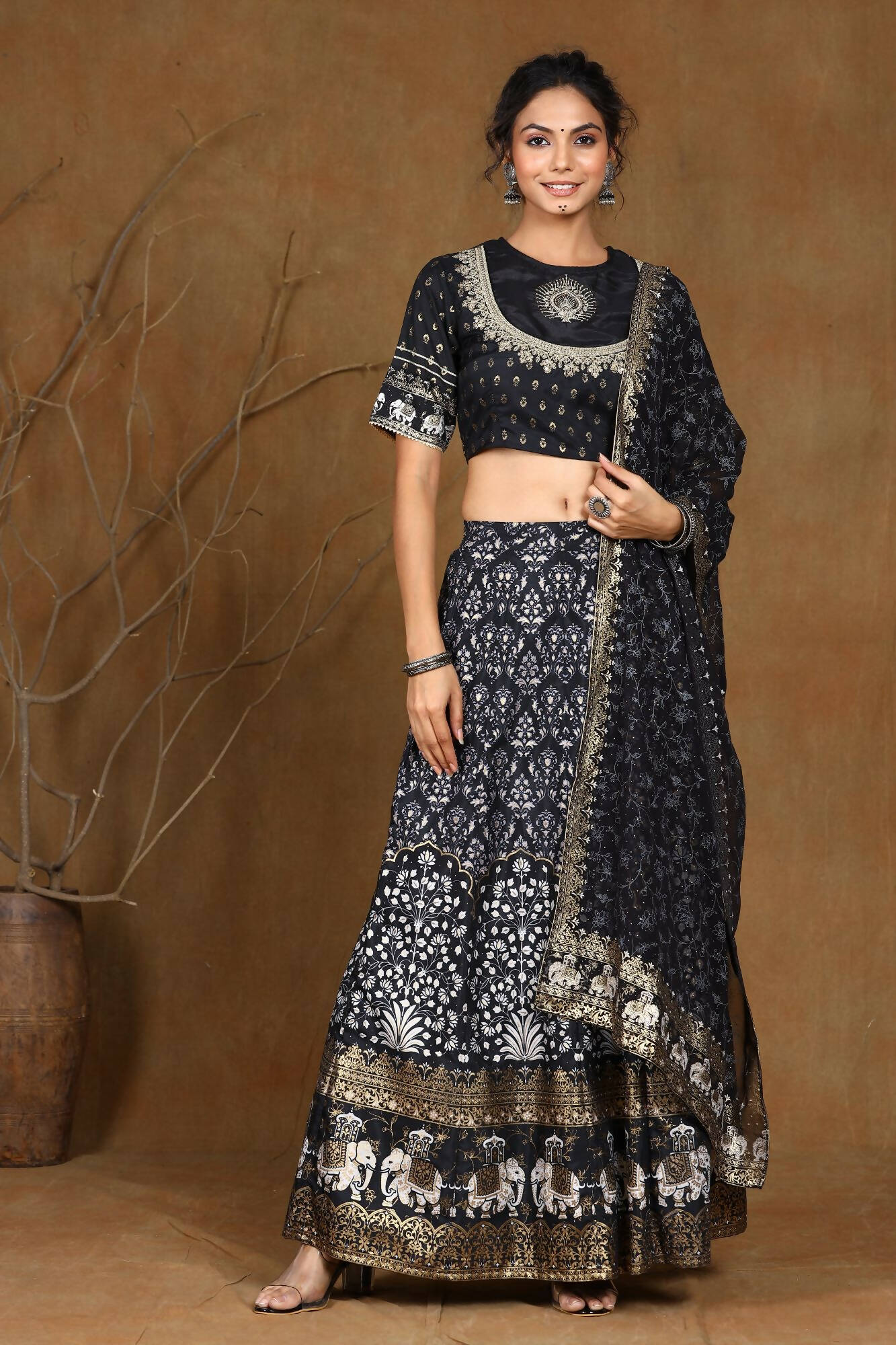 Juniper Women Black Shantoon Embroidered Flared Lehenga Choli Sets