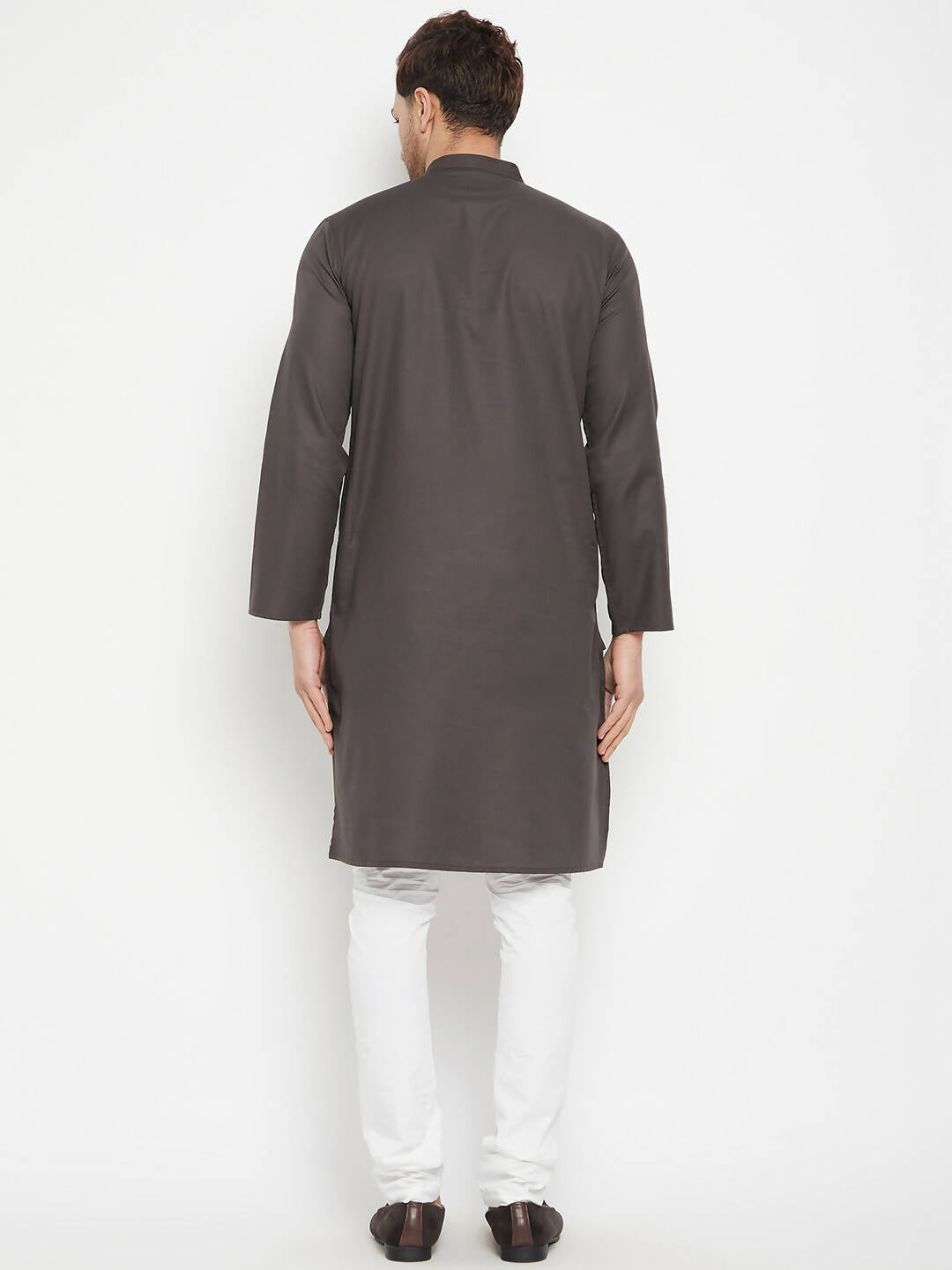 Even Apparels Brown Color Pure Cotton Long Men's Kurta With Band Collar