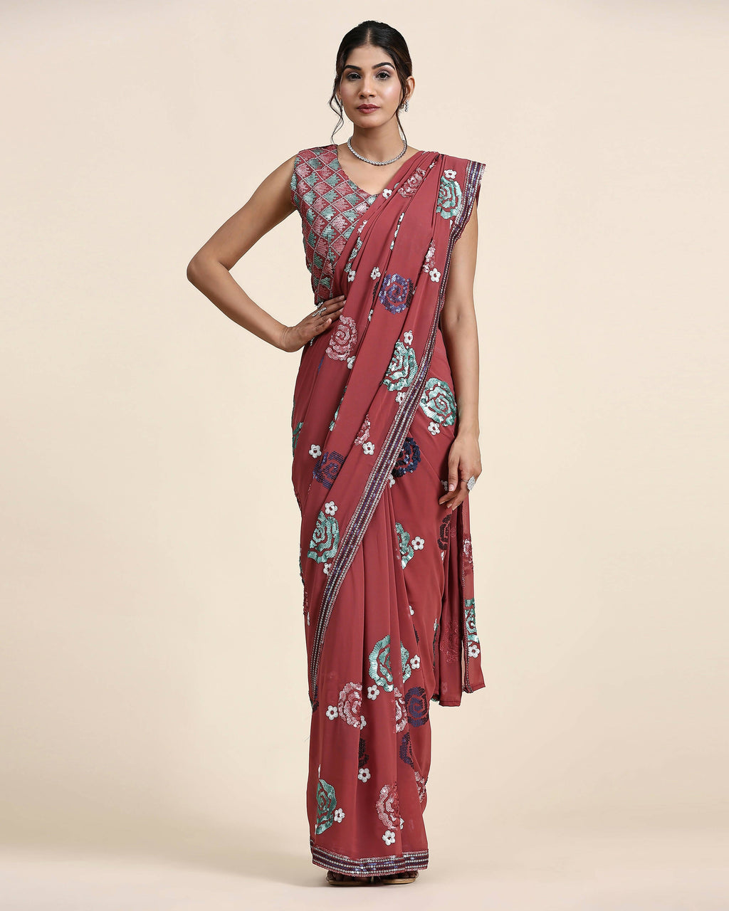 Peach Pure Georgette Sequence work Ready to wear Saree with stitched Blouse - Nirvana