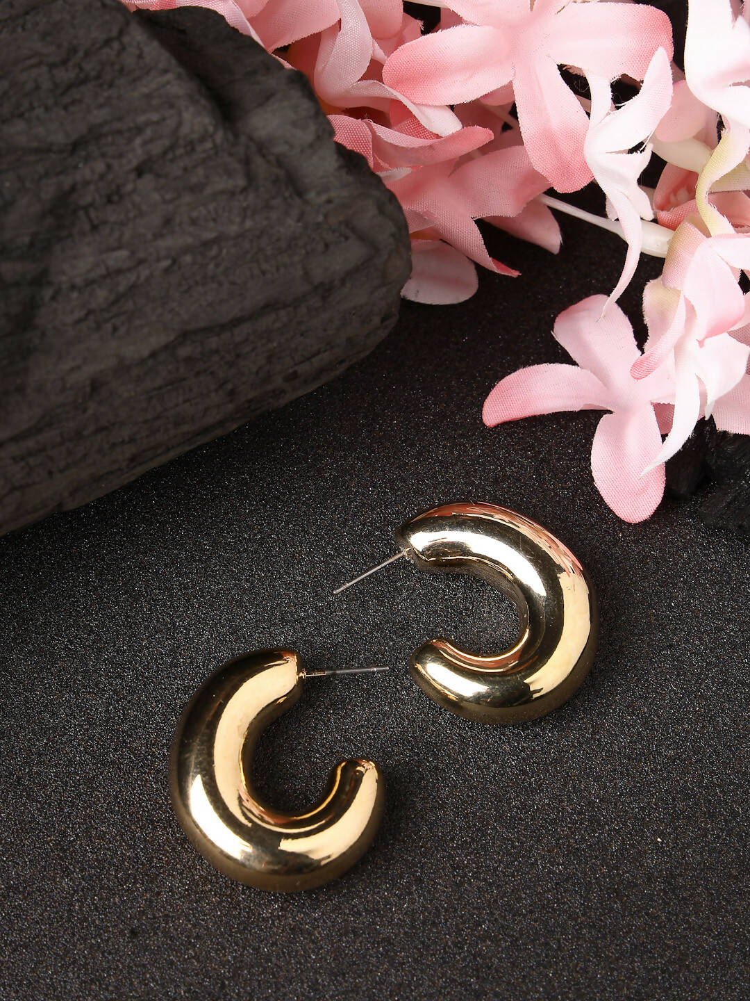NVR Women Gold-Polished Circular-Shaped Half Hoop Earrings