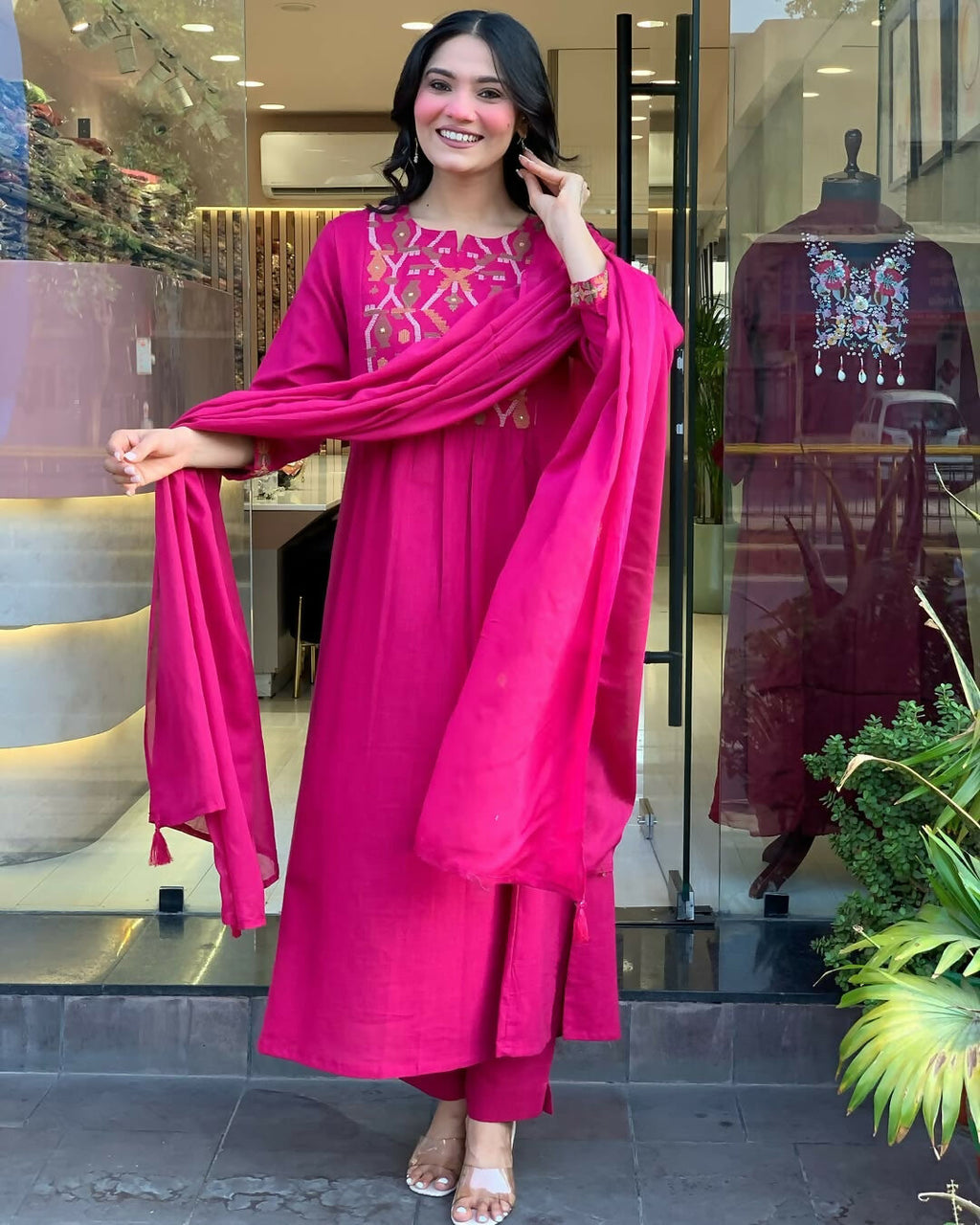 The52 Pink Women's Gorgeous Chanderi Fabric Embroidered Work Straight Kurta Pant and Dupatta Set