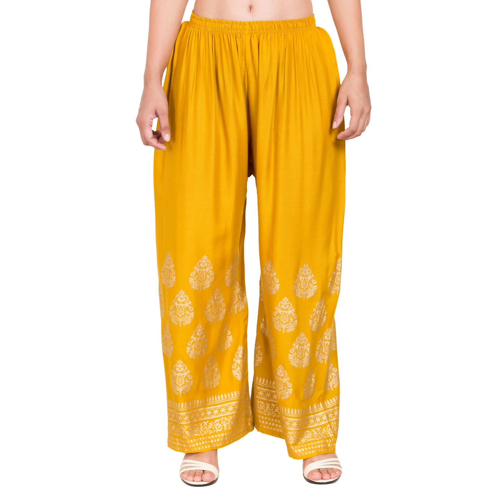 PAVONINE Mustard Color Golden Printed Rayon Fabric Sharara For Women & Girls