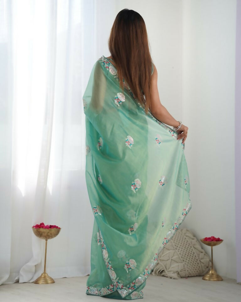 Sea Green Gold Twill Net Multy Thread, Sequance Embroidery Work Saree - Kriti
