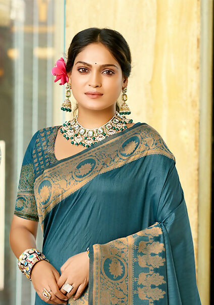 Sangam Prints Ocean Blue Assam Silk Woven Work Traditional Saree