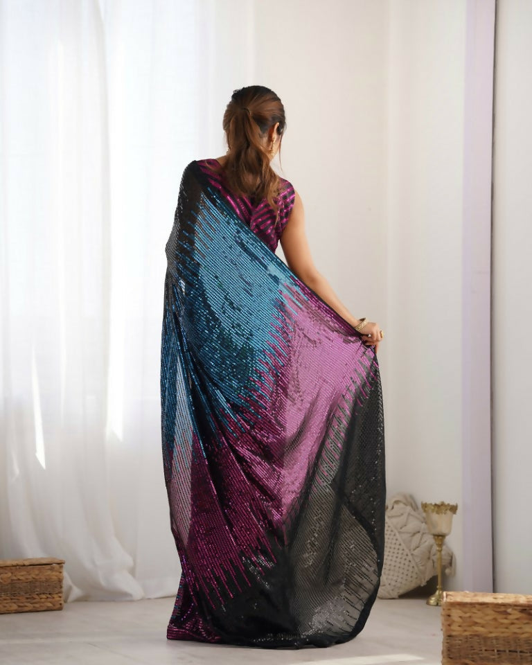 Black Georgette Designer Sequence Embroidery Work Saree - Radhe