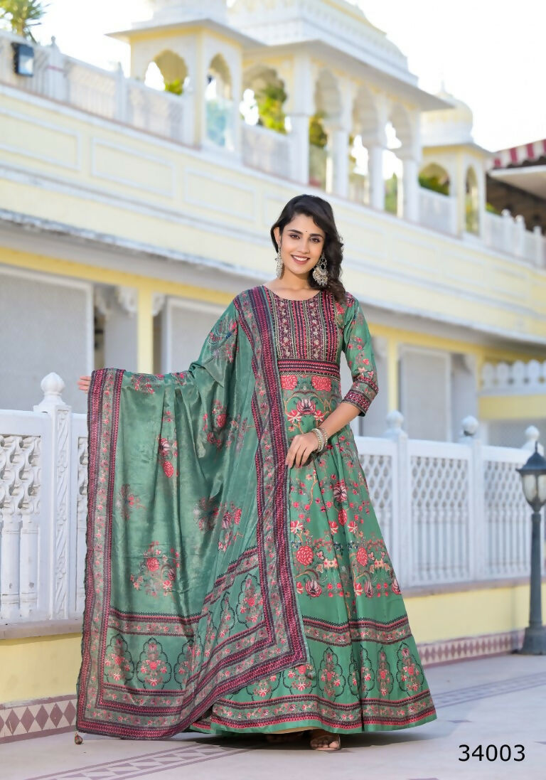 Partywear Designer parrot Dola Silk Anarkali suit with Dupatta - Suzen